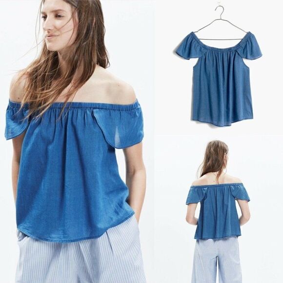 Madewell Off the Shoulder Top Indigo Blue Small - Picture 1 of 7
